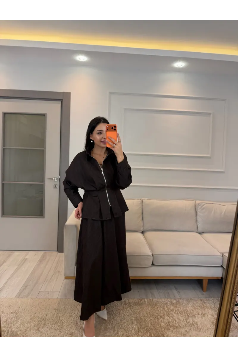 Pens Detaylı Ceket Etek Denim Takım