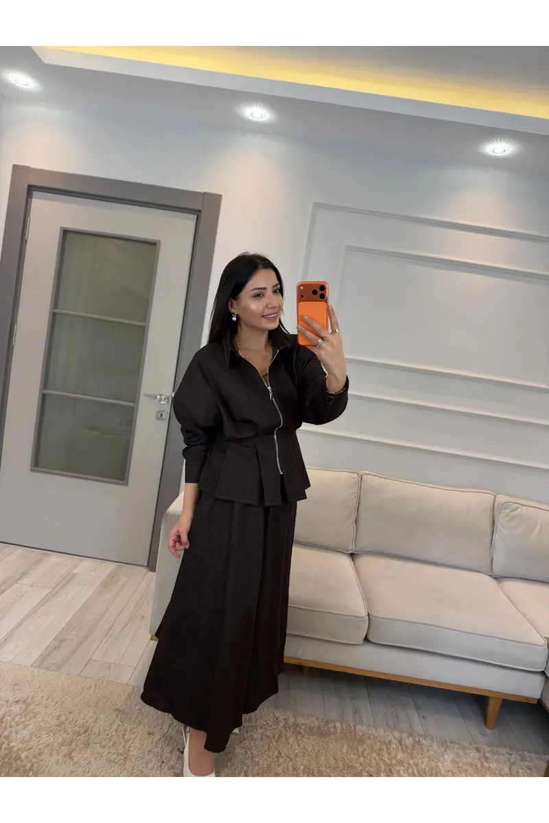 Pens Detaylı Ceket Etek Denim Takım