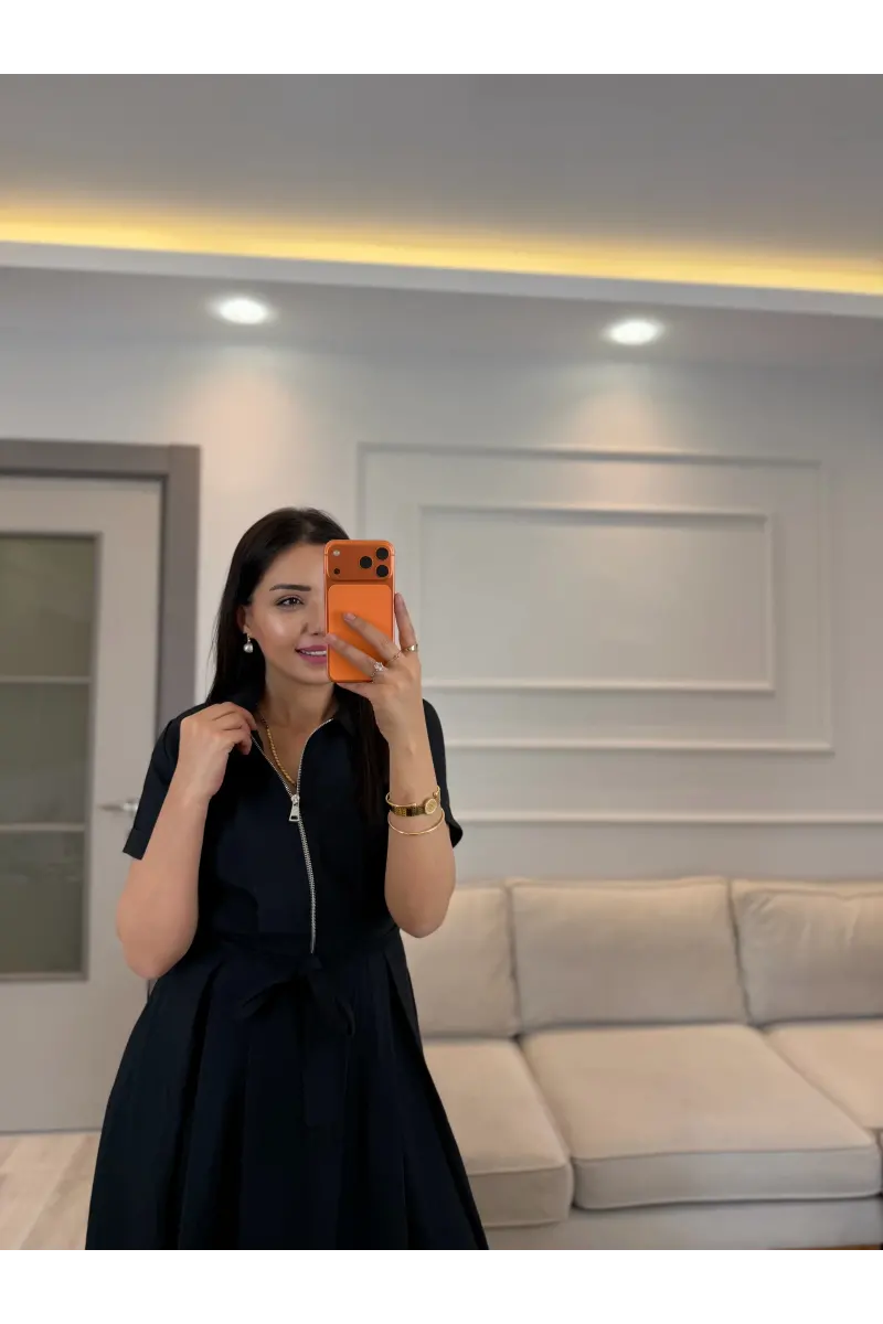 Fermuar Detaylı Bağlamalı Elbise
