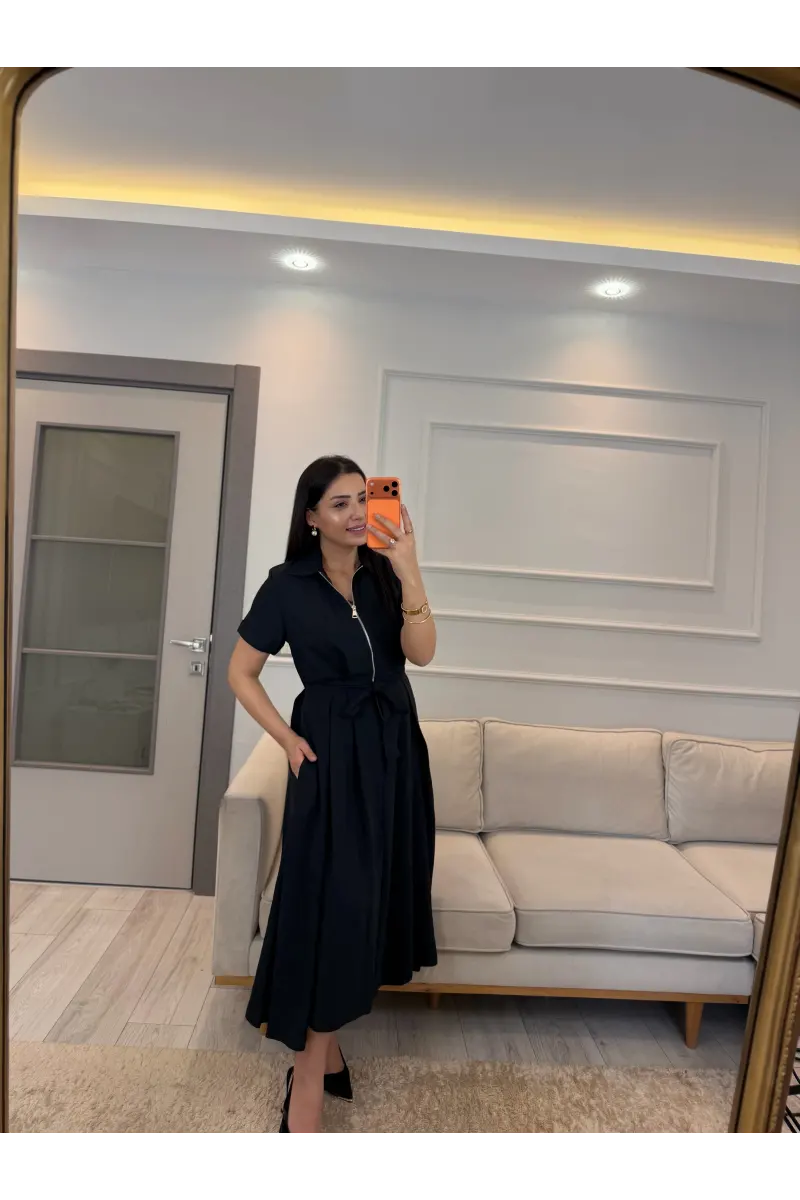 Fermuar Detaylı Bağlamalı Elbise