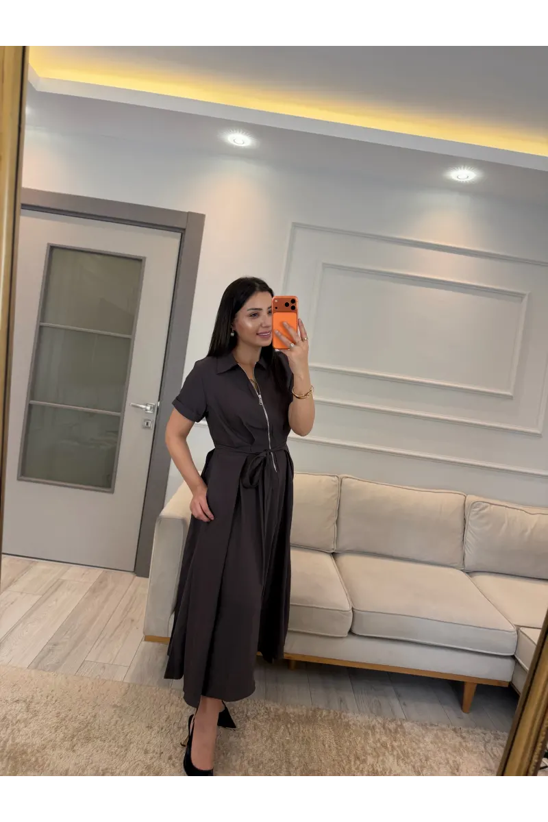 Fermuar Detaylı Bağlamalı Elbise