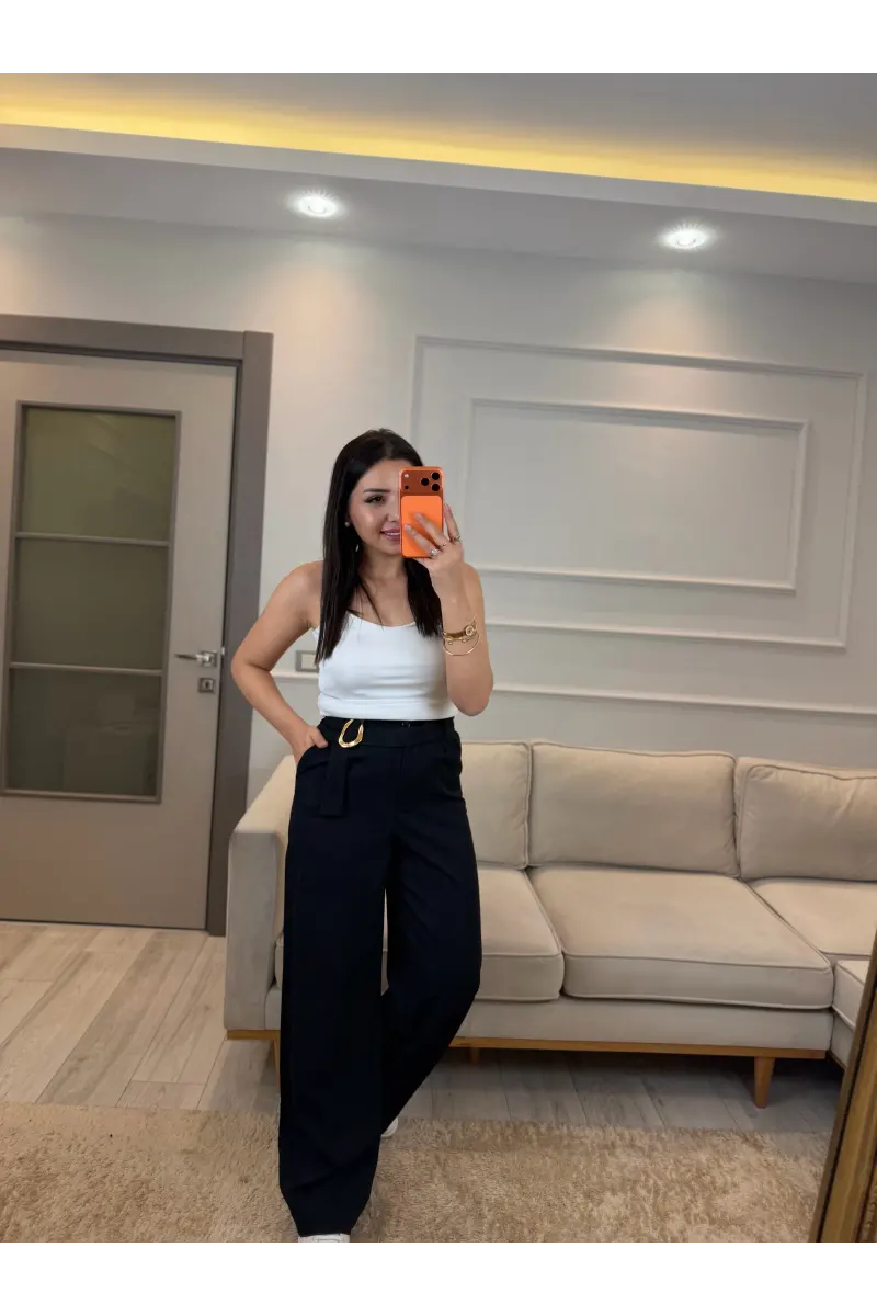 Kuşak Ve Toka Detaylı Palazzo Pantolon