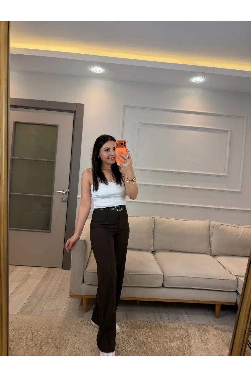 Çift Kemer Detaylı Poliviskon Pantolon