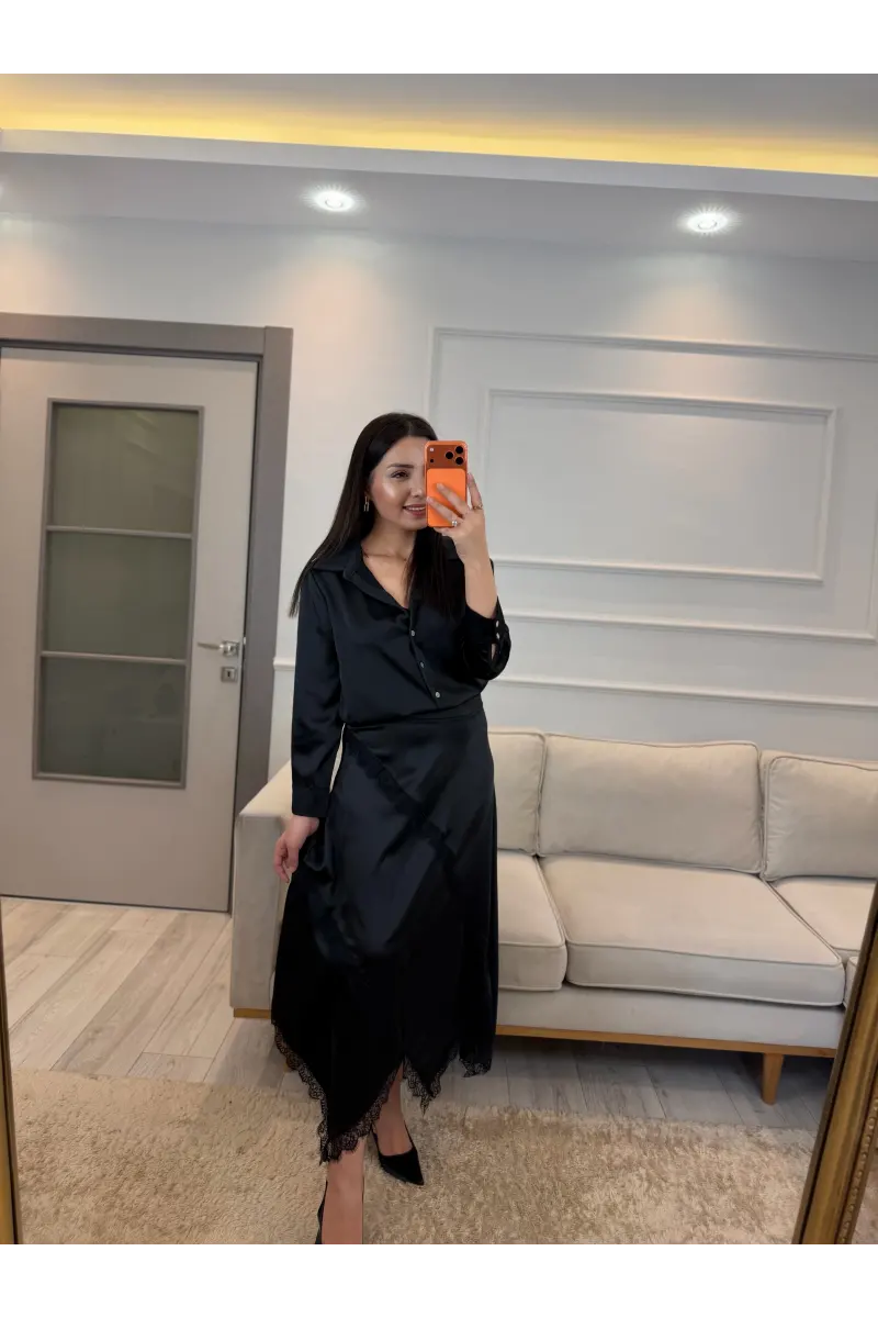 Saten Çapraz Dantel Etek