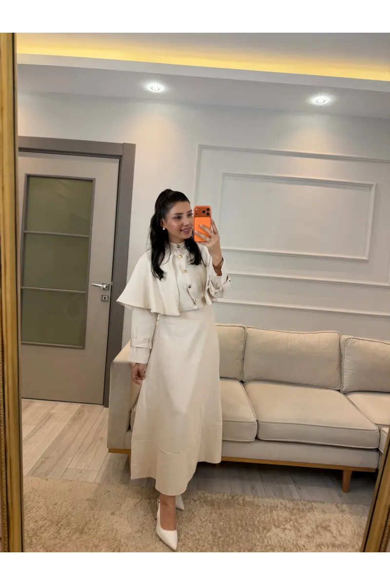 Pelerin Detaylı Etek Gömlek Takım