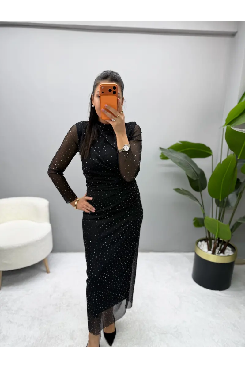 Tül Taşlı Drape Yaka Elbise