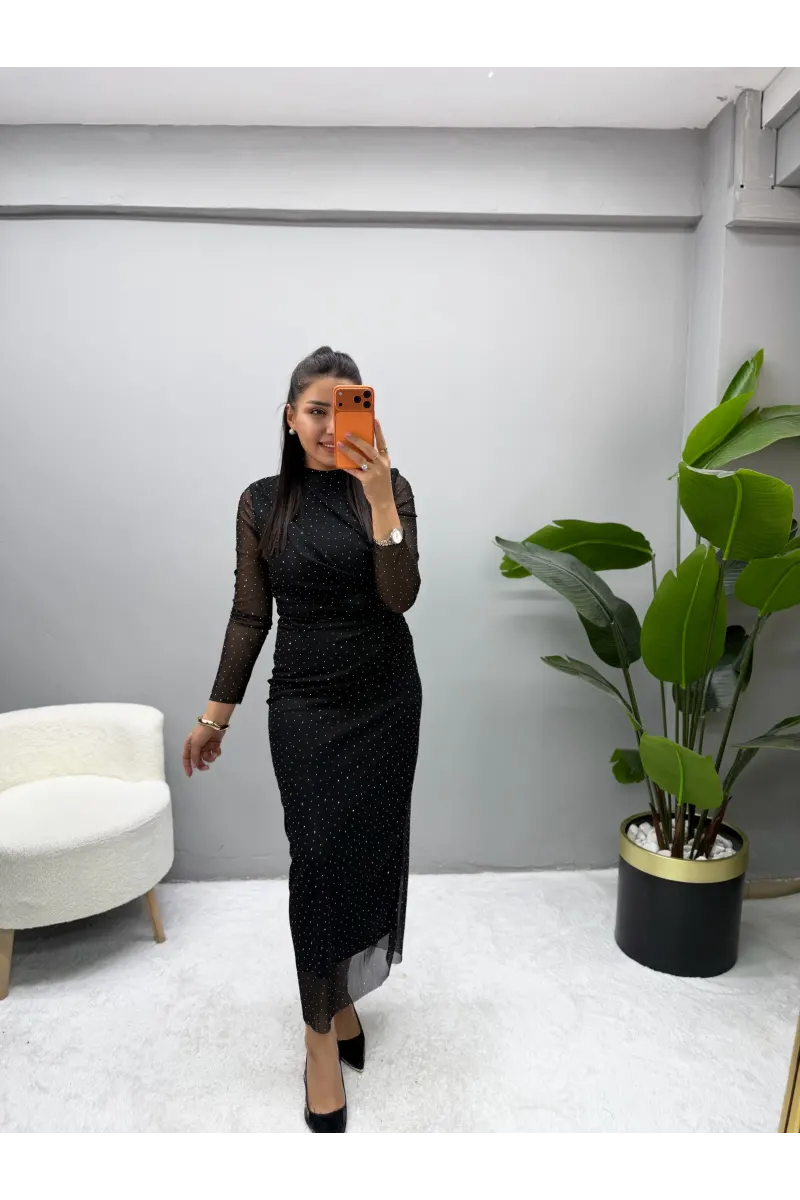Tül Taşlı Drape Yaka Elbise