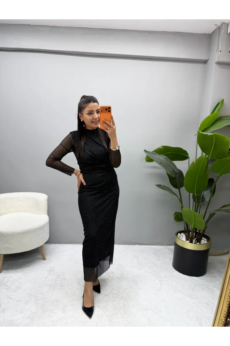 Tül Taşlı Drape Yaka Elbise