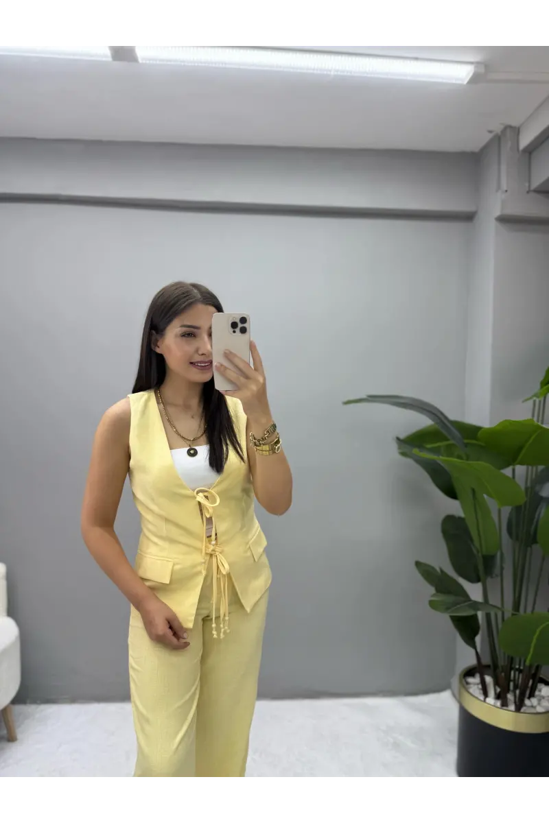 Önden Bağlamalı Keten Yelek Pantolon Takım