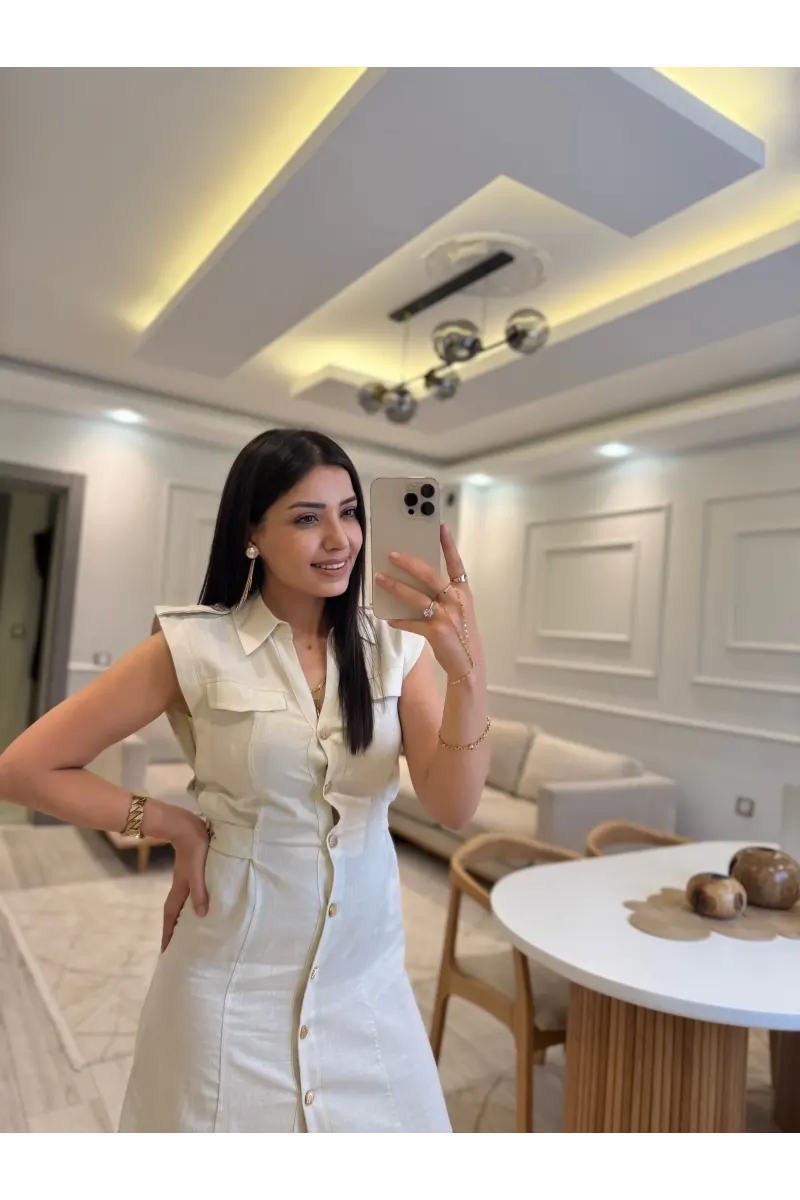 Zra Model Yan Tokalı Keten Elbise