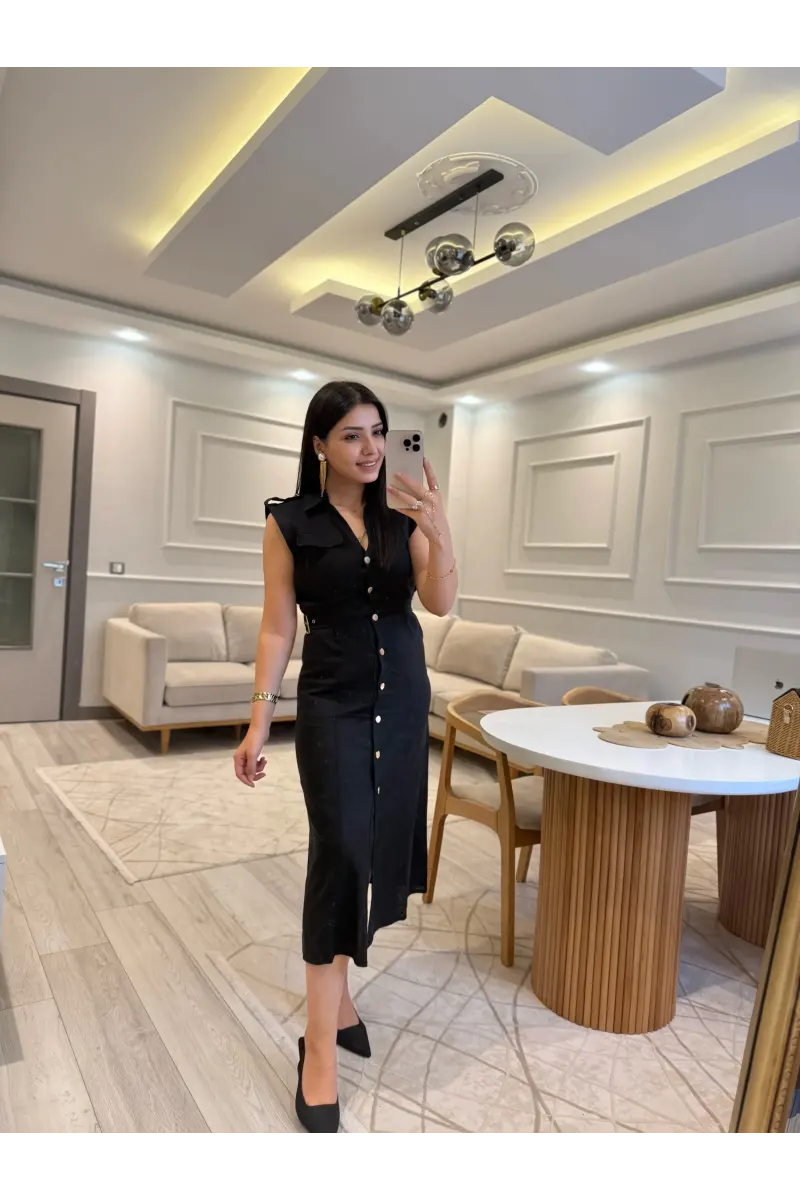 Zra Model Yan Tokalı Keten Elbise