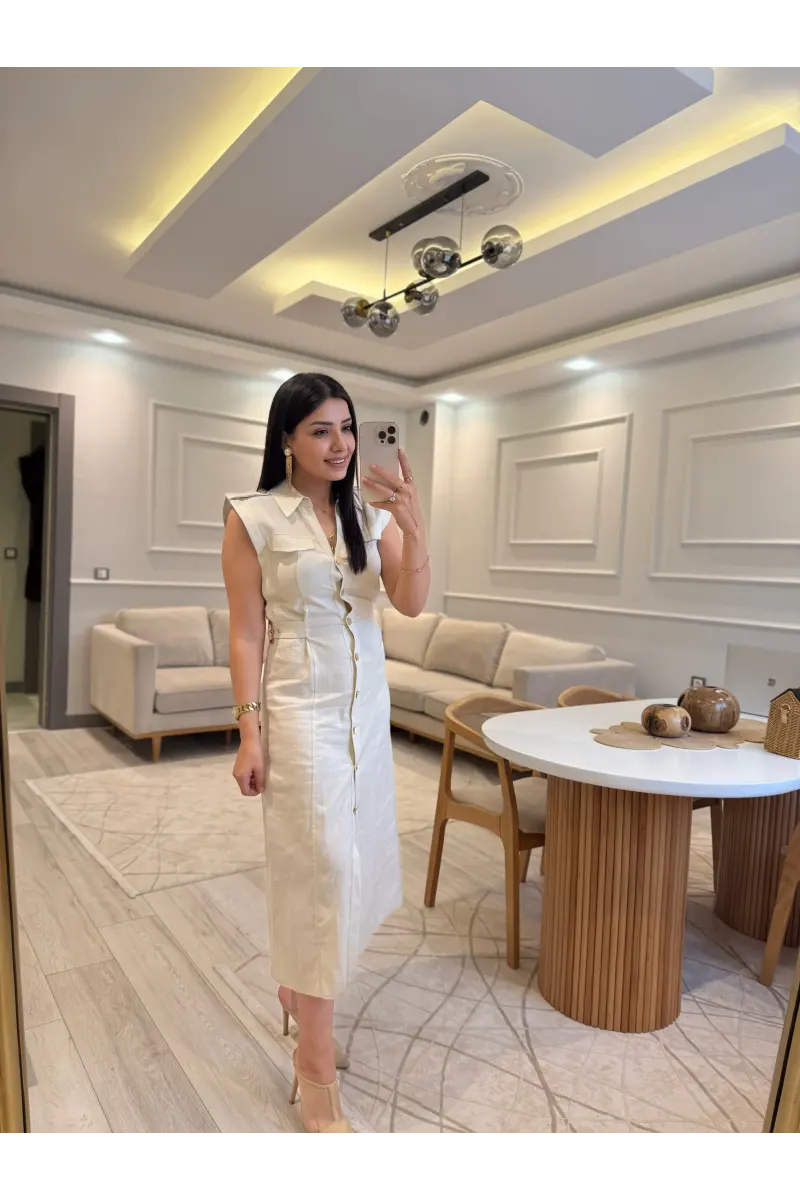 Zra Model Yan Tokalı Keten Elbise