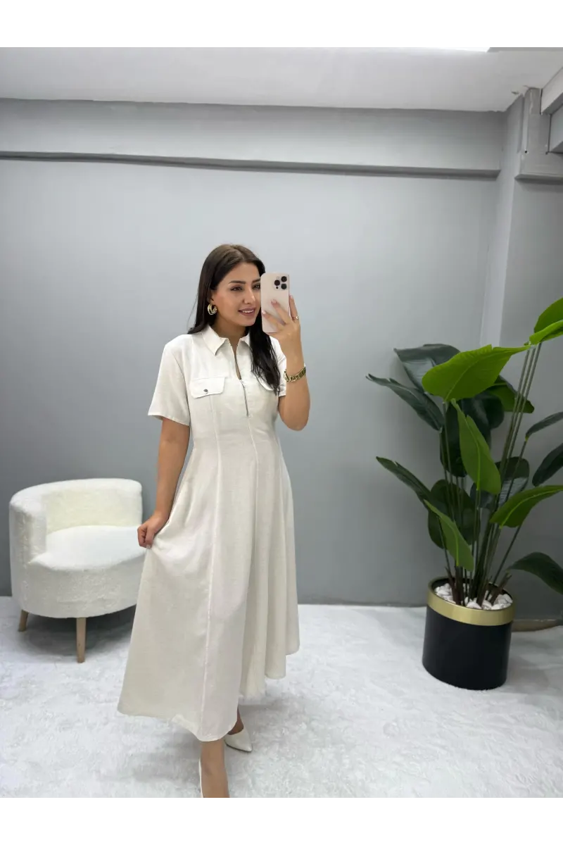 Glamorus Fermuarlı Keten Elbise