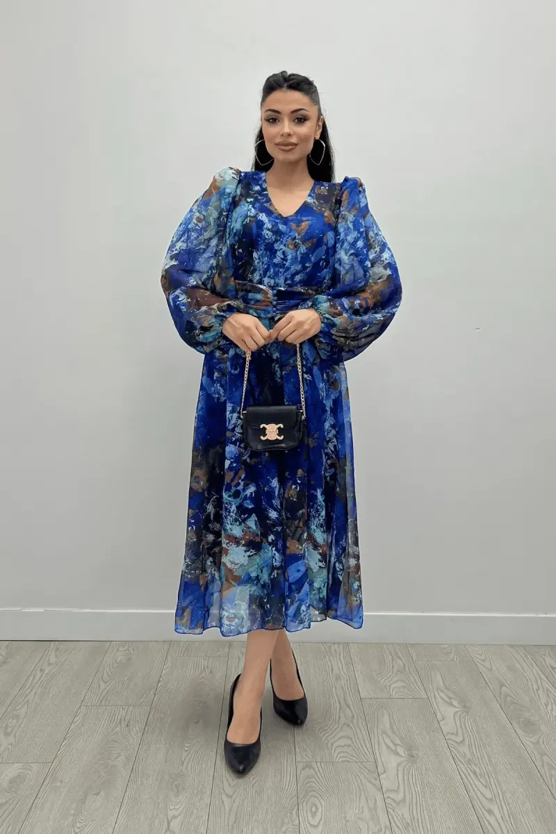 Berta Şifon Desenli Bel Lastikli Midi Elbise