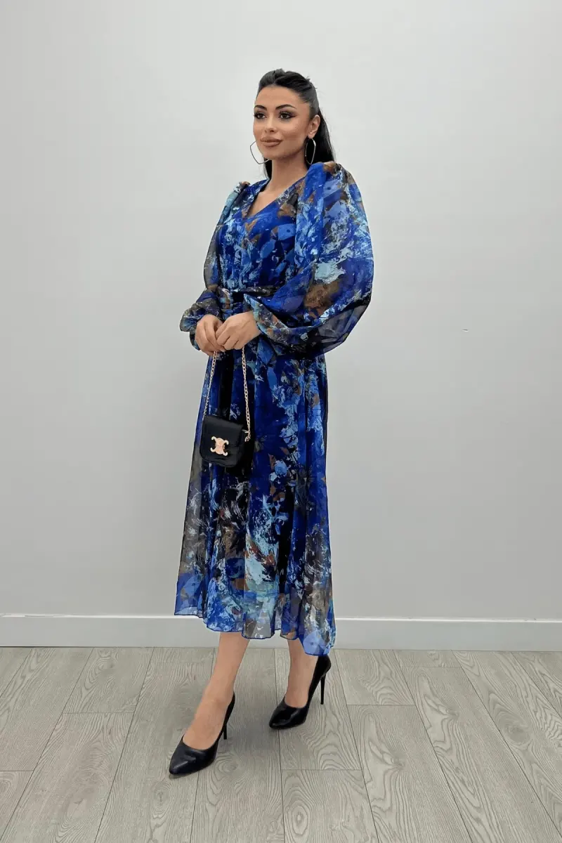 Berta Şifon Desenli Bel Lastikli Midi Elbise