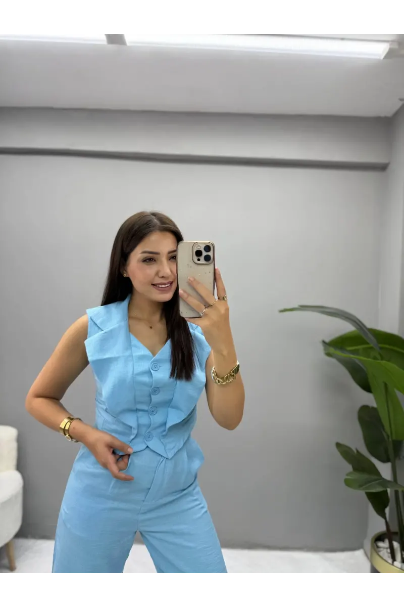 Anoc Yaka Detaylı Yelek Pantolon Takım