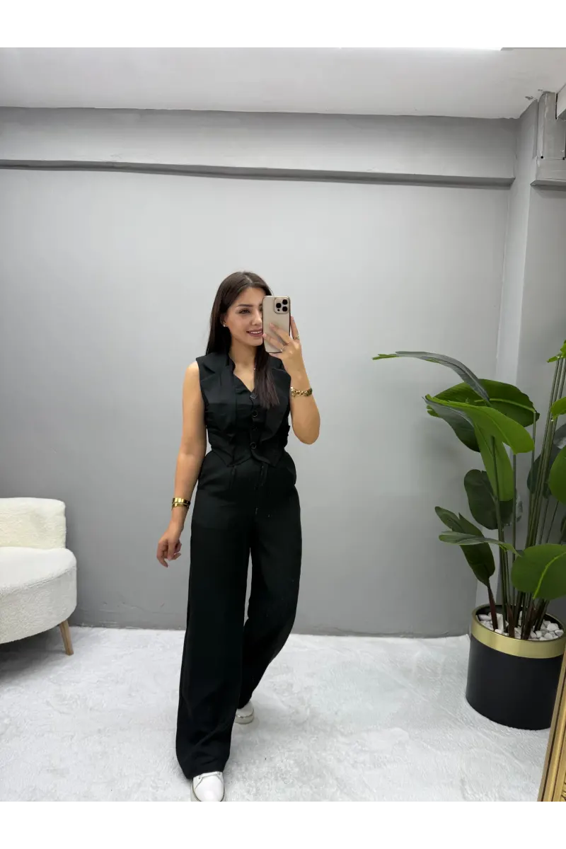 Anoc Yaka Detaylı Yelek Pantolon Takım