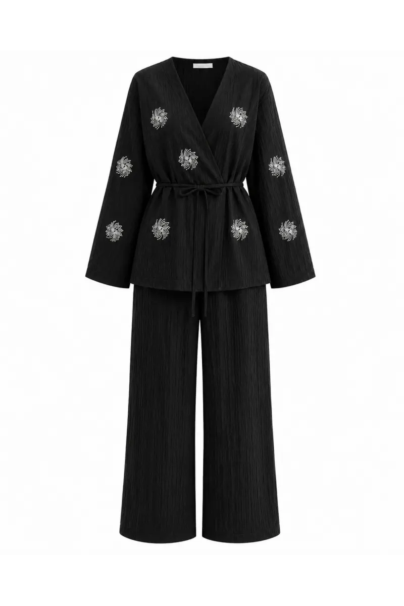 Bel Bağlamalı Taşlı Kimono Takım
