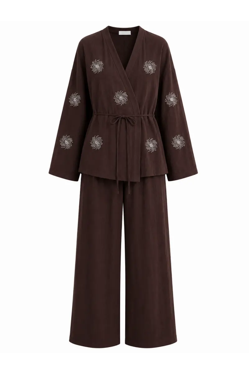 Bel Bağlamalı Taşlı Kimono Takım
