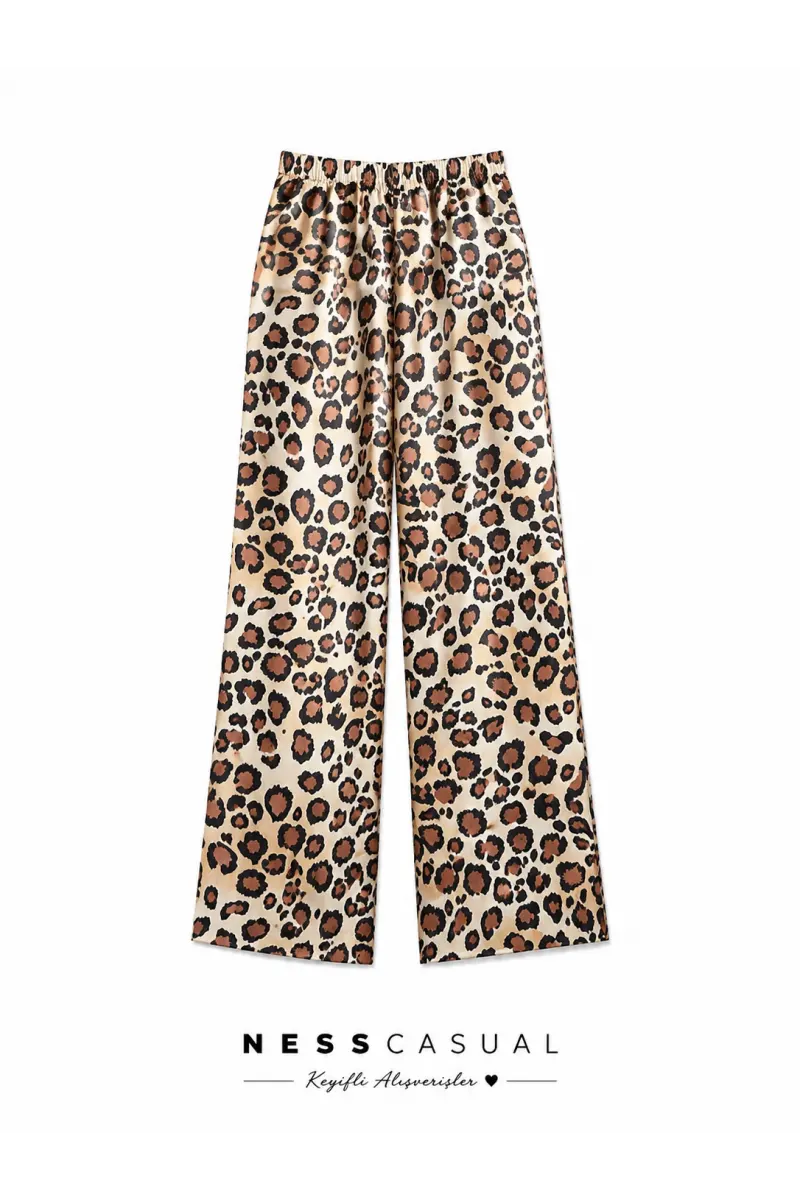 Bel Lastikli Saten Leopar Pantolon