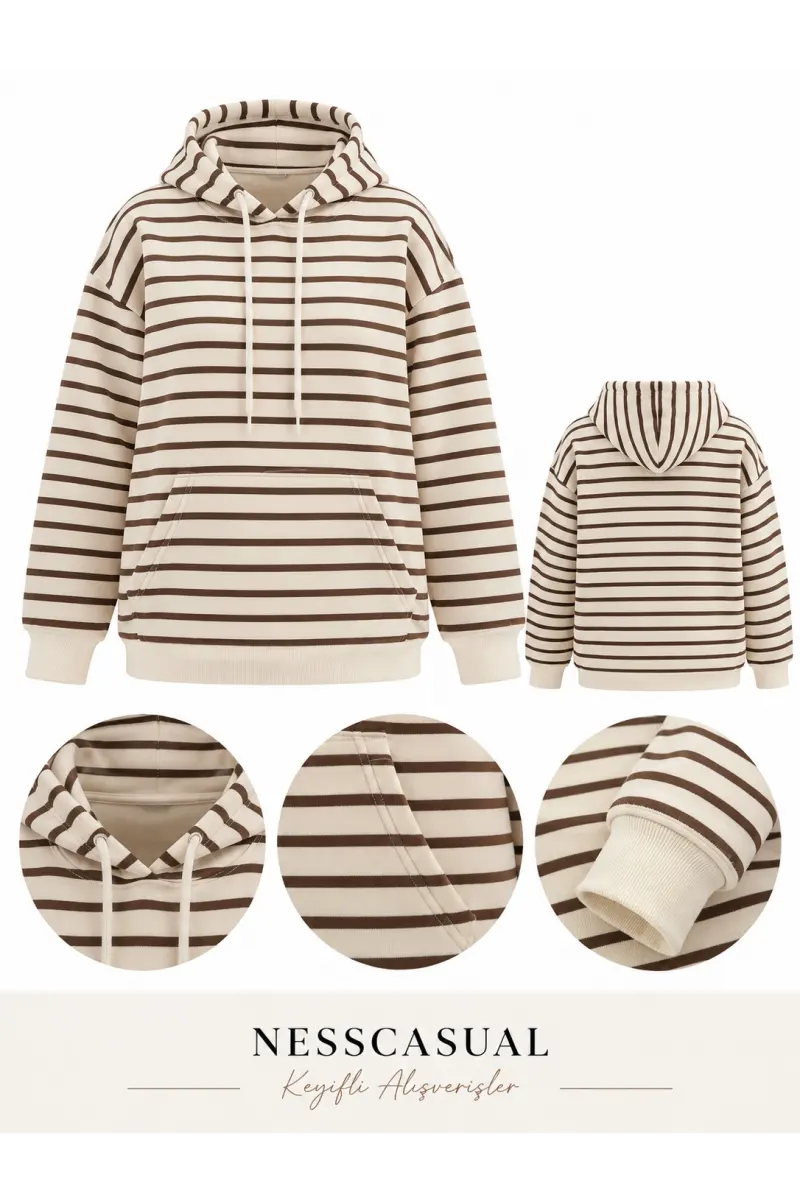 Çizgili Üç İplik Kapüşonlu Sweatshirt