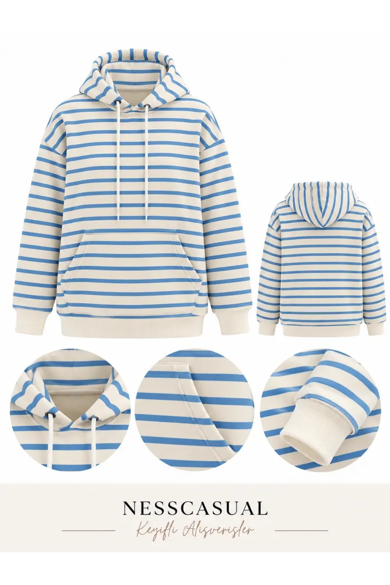 Çizgili Üç İplik Kapüşonlu Sweatshirt