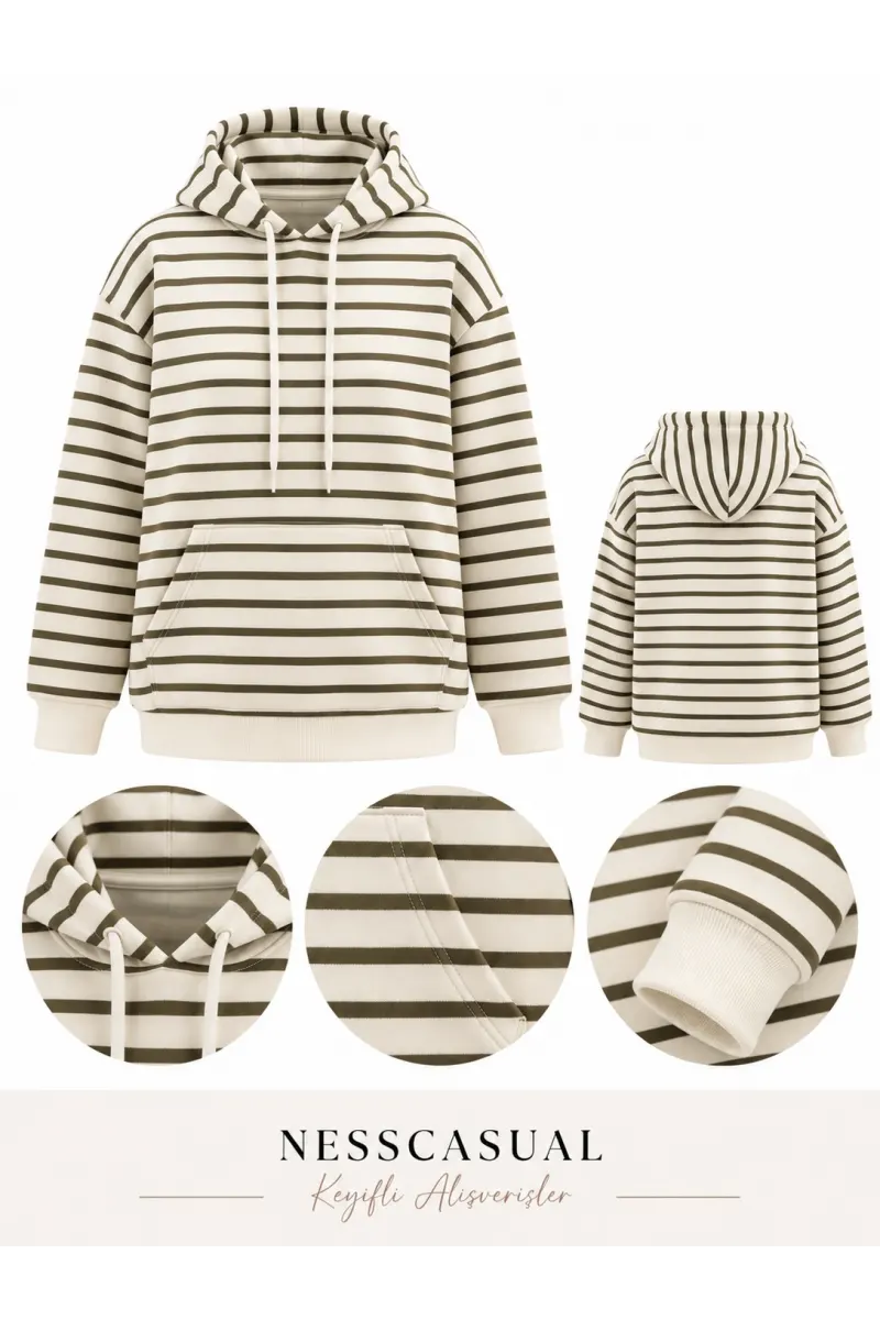 Çizgili Üç İplik Kapüşonlu Sweatshirt
