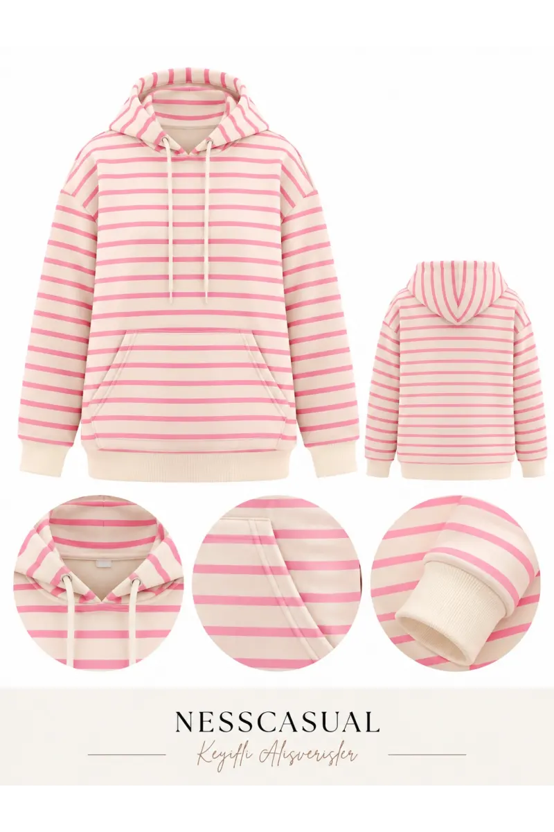 Çizgili Üç İplik Kapüşonlu Sweatshirt