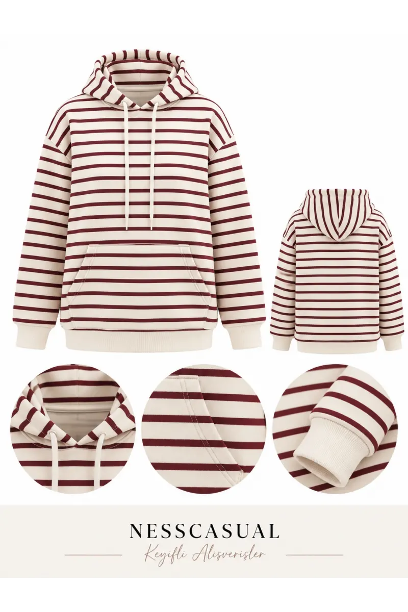 Çizgili Üç İplik Kapüşonlu Sweatshirt