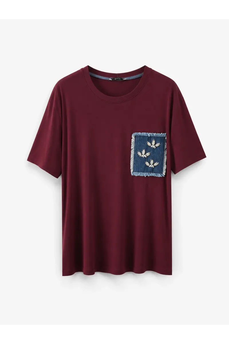 Denim Detaylı Çiçek Taşlı T-Shirt