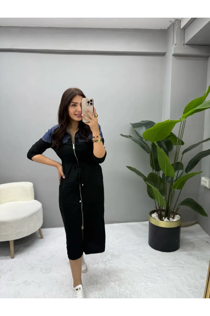 Denim Detaylı Önden Fermuarlı Elbise