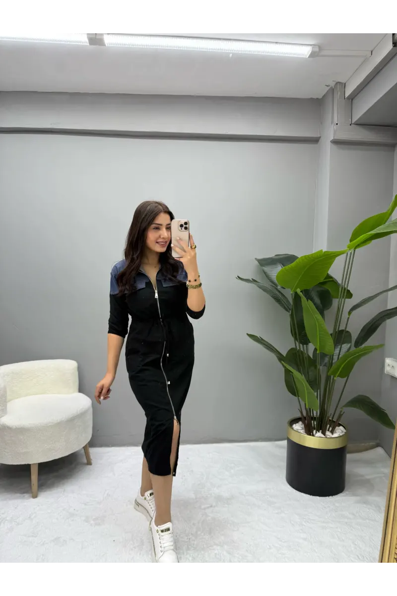 Denim Detaylı Önden Fermuarlı Elbise
