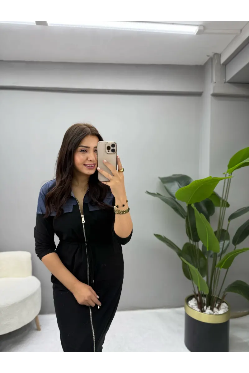 Denim Detaylı Önden Fermuarlı Elbise