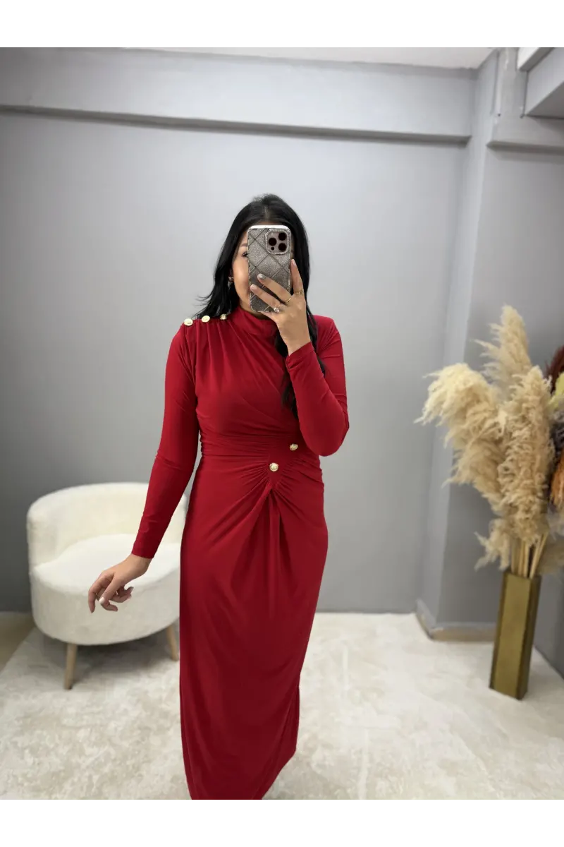 Düğme Detaylı Vatkalı Sandy Elbise