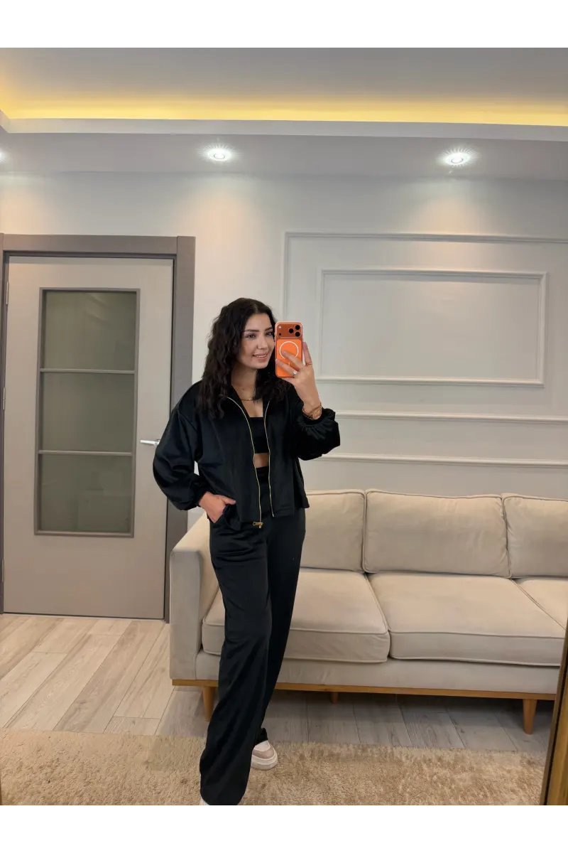 Fermuar Detaylı Kadife Üçlü Takım