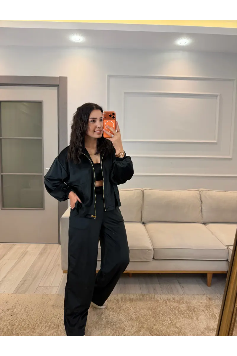 Fermuar Detaylı Kadife Üçlü Takım