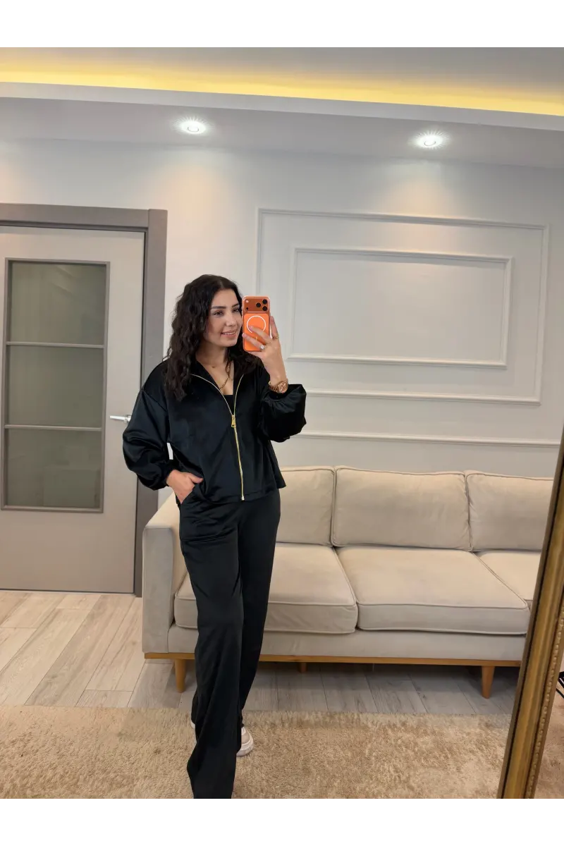 Fermuar Detaylı Kadife Üçlü Takım
