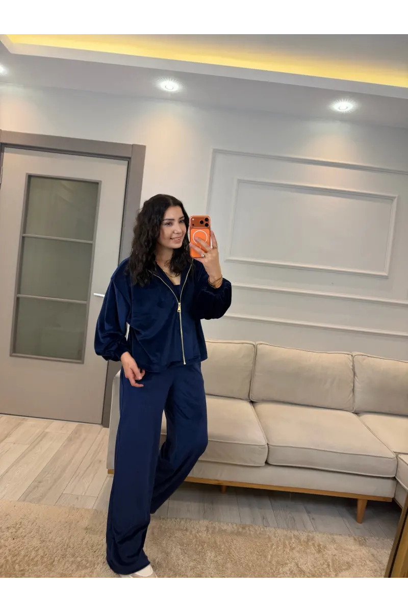 Fermuar Detaylı Kadife Üçlü Takım