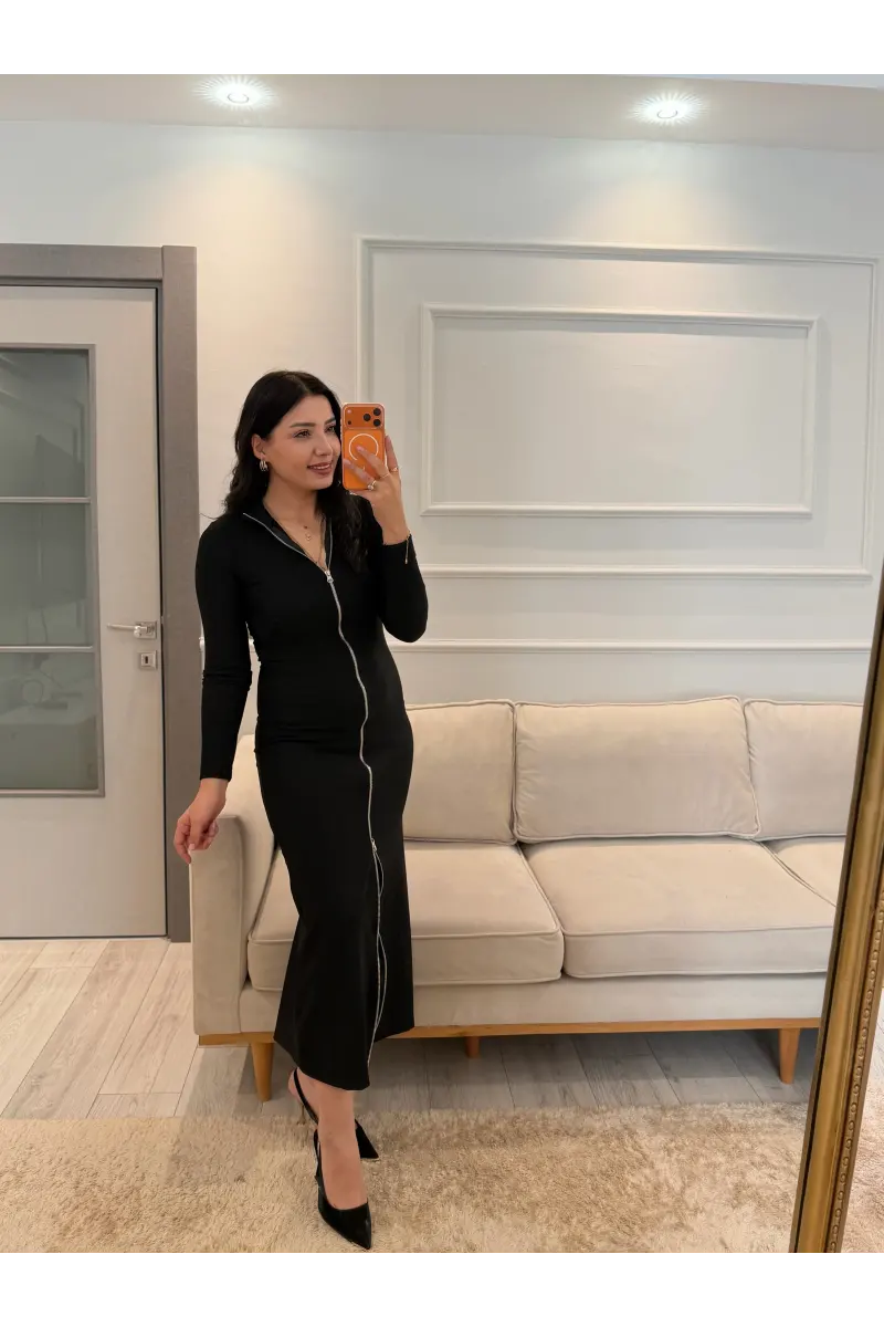 Fermuarlı Ottoman Kumaş Elbise