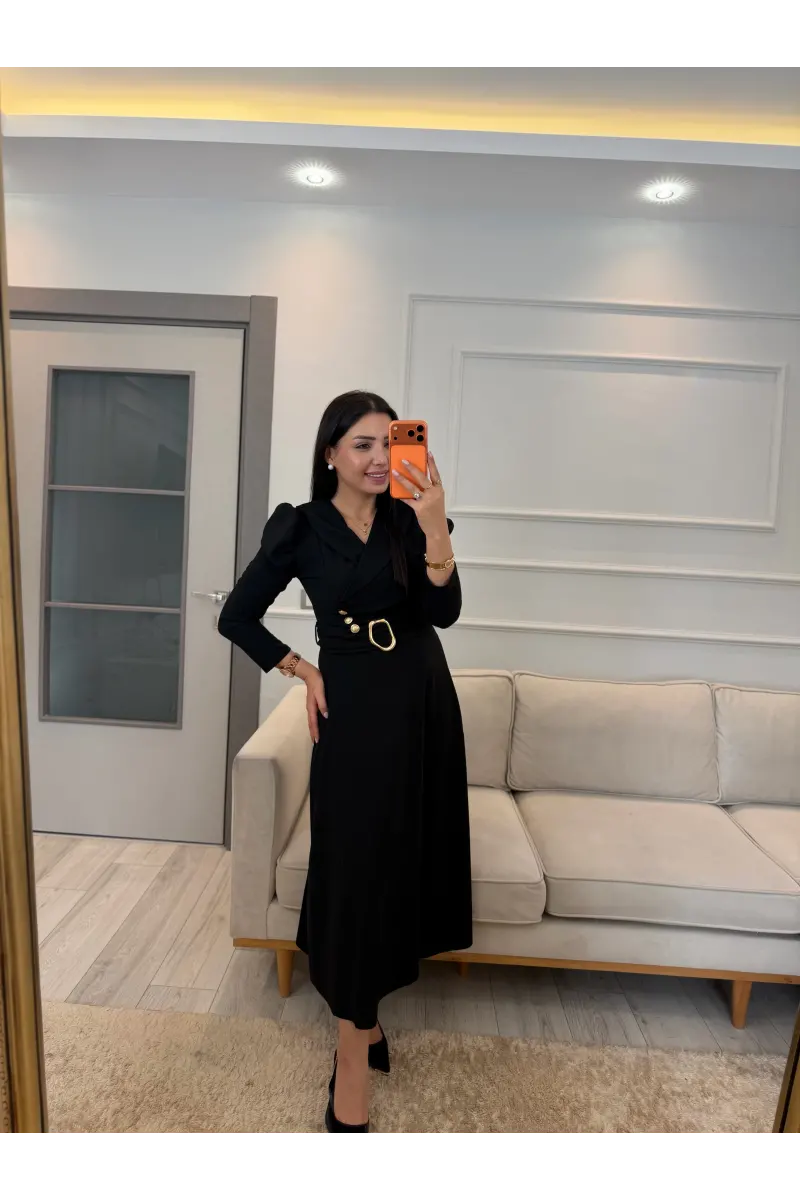 Gold Düğme Detaylı Kemerli Elbise