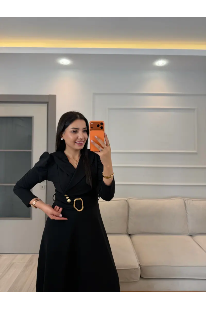 Gold Düğme Detaylı Kemerli Elbise