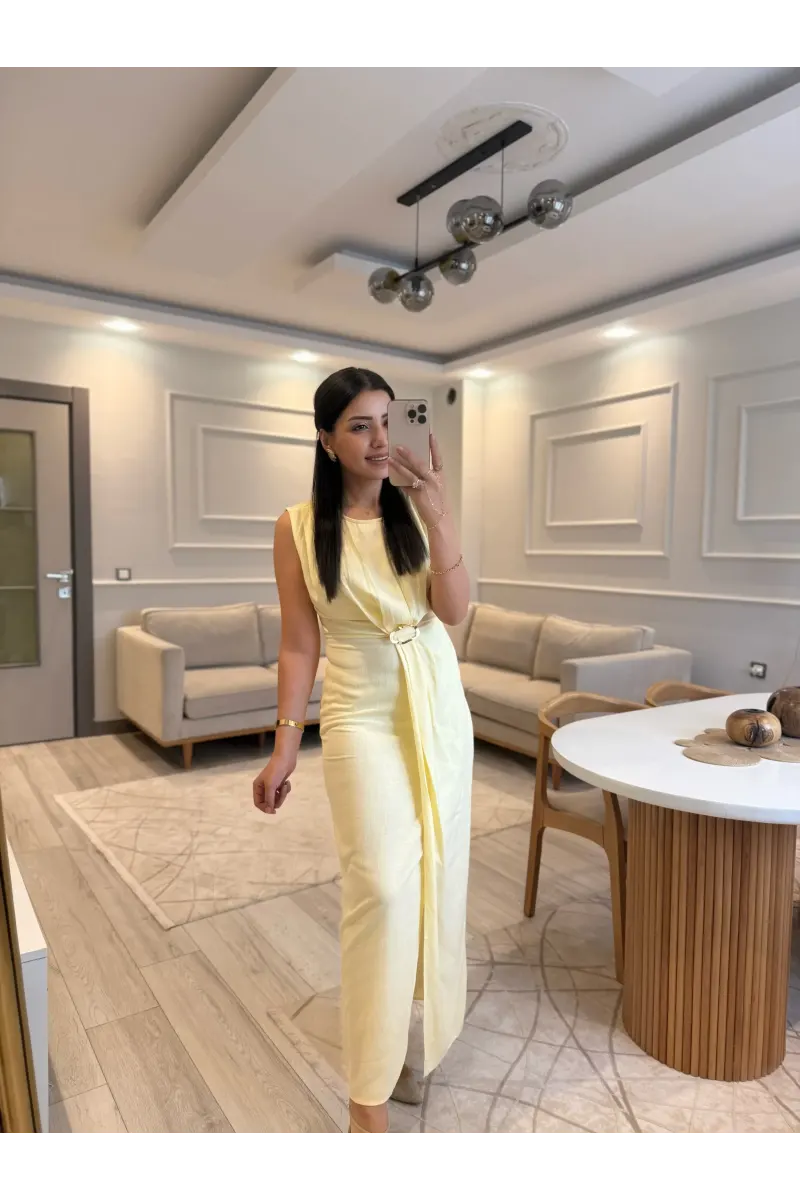 Gold Toka Detaylı Keten Elbise