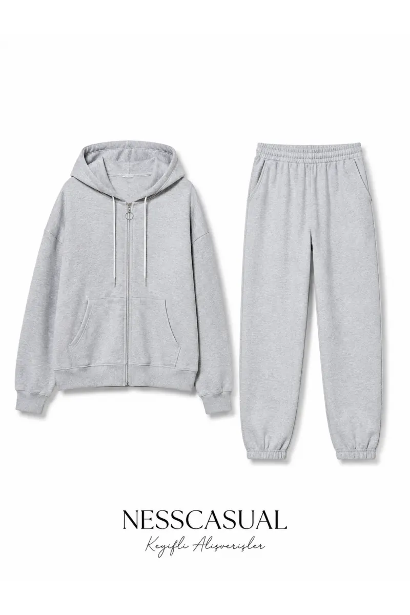 Kapişonlu Fermuarlı Sweatshirt Eşofman Takım