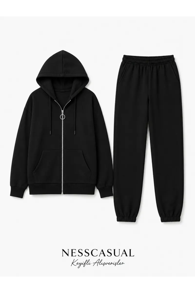 Kapişonlu Fermuarlı Sweatshirt Eşofman Takım