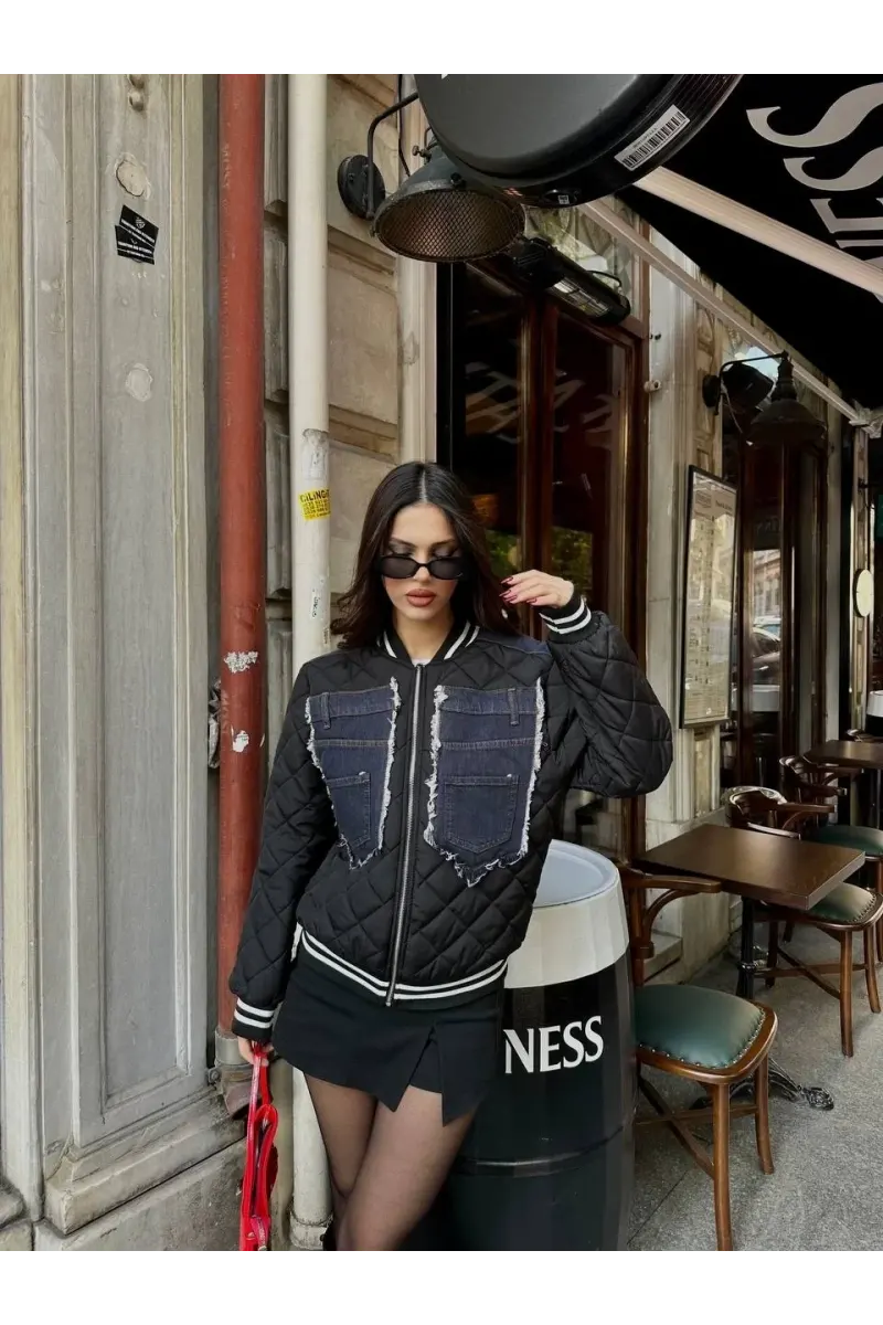 Kapitone Denim Detaylı Bomber Mont