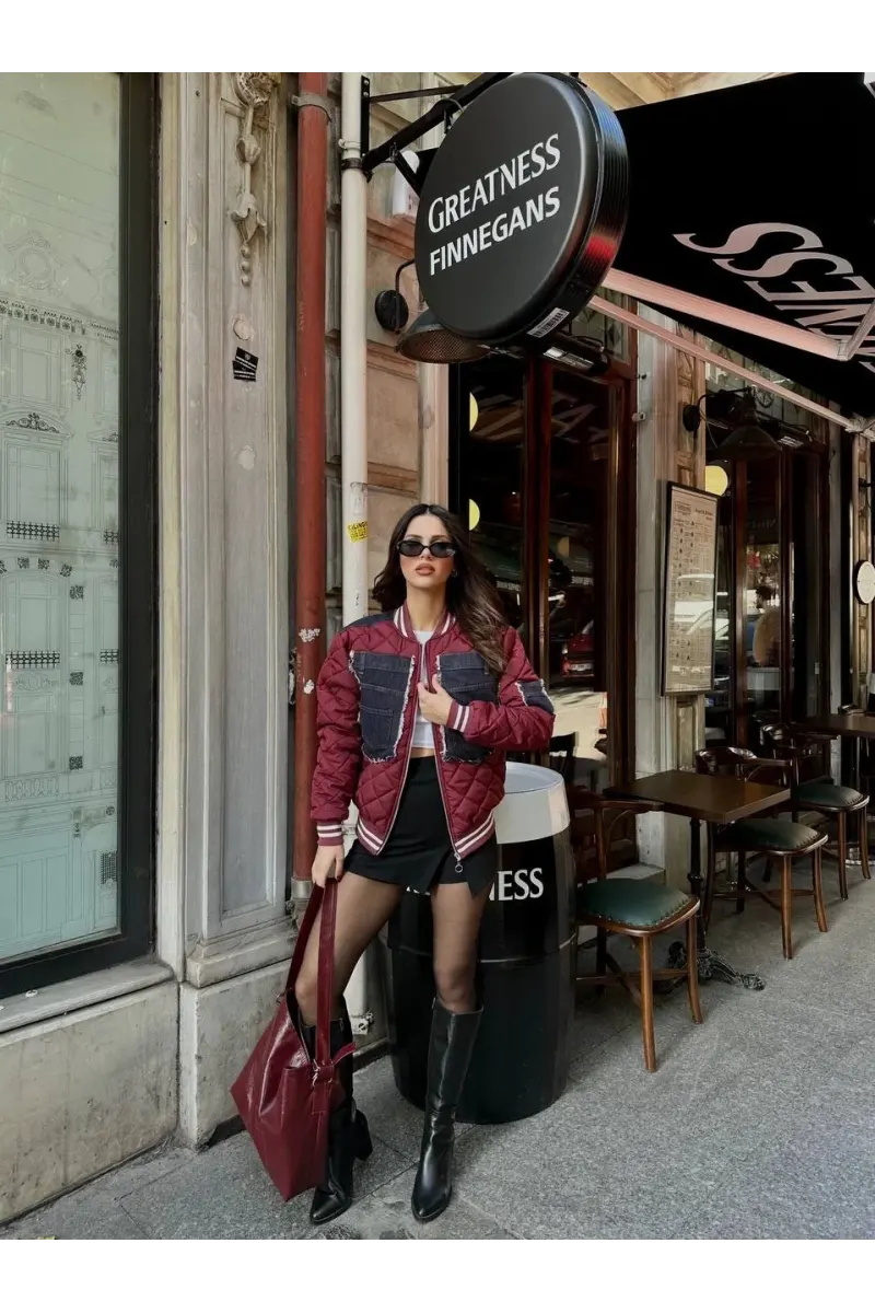 Kapitone Denim Detaylı Bomber Mont