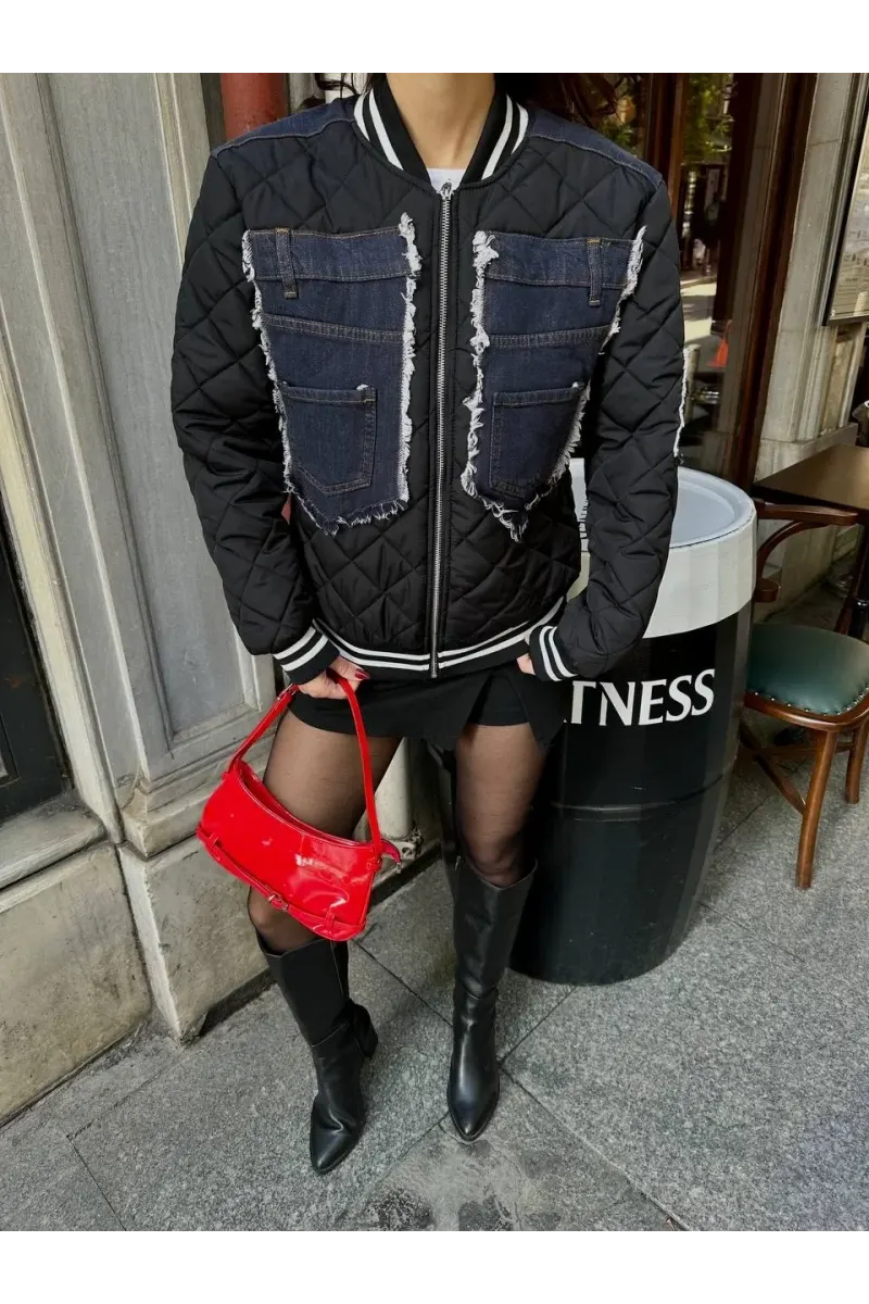 Kapitone Denim Detaylı Bomber Mont