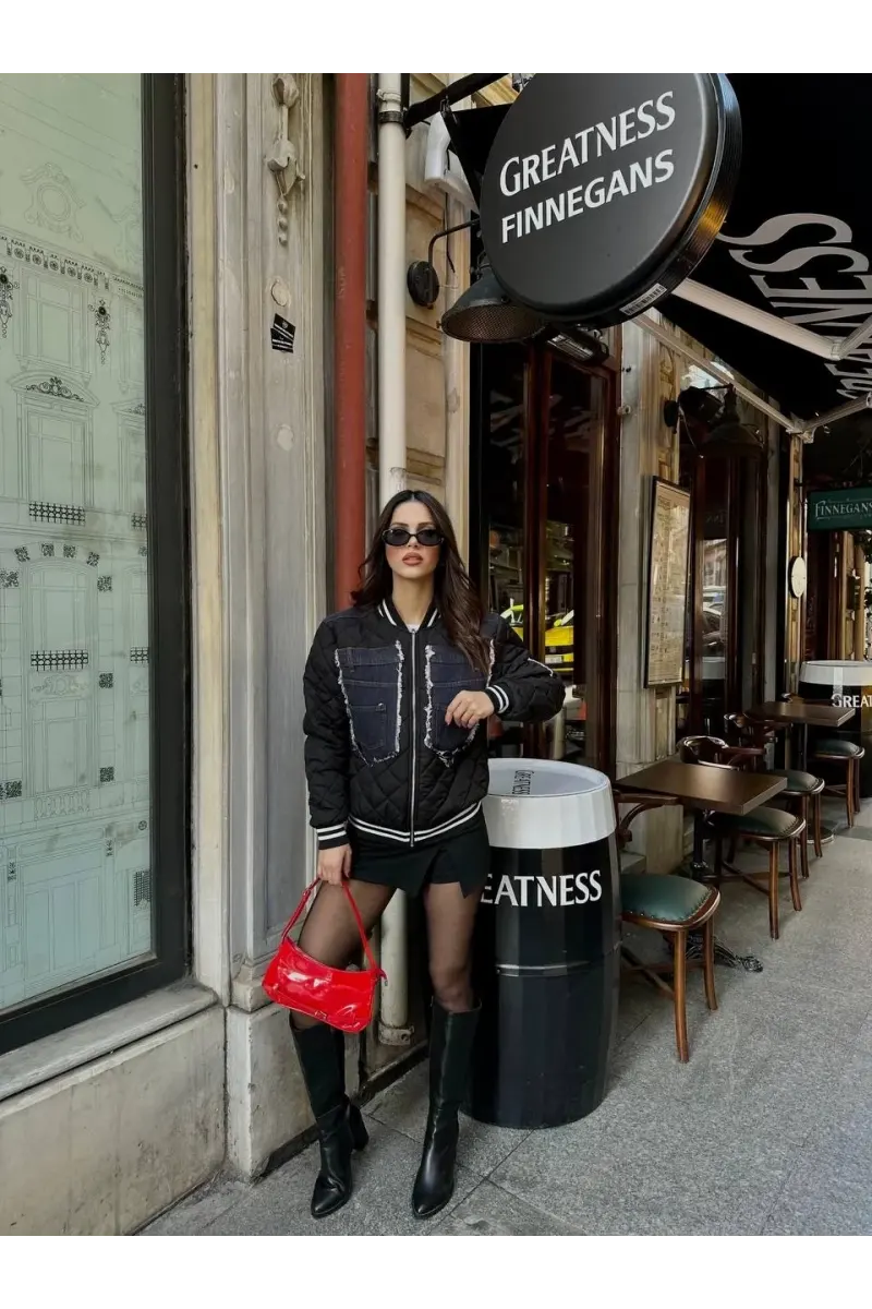 Kapitone Denim Detaylı Bomber Mont