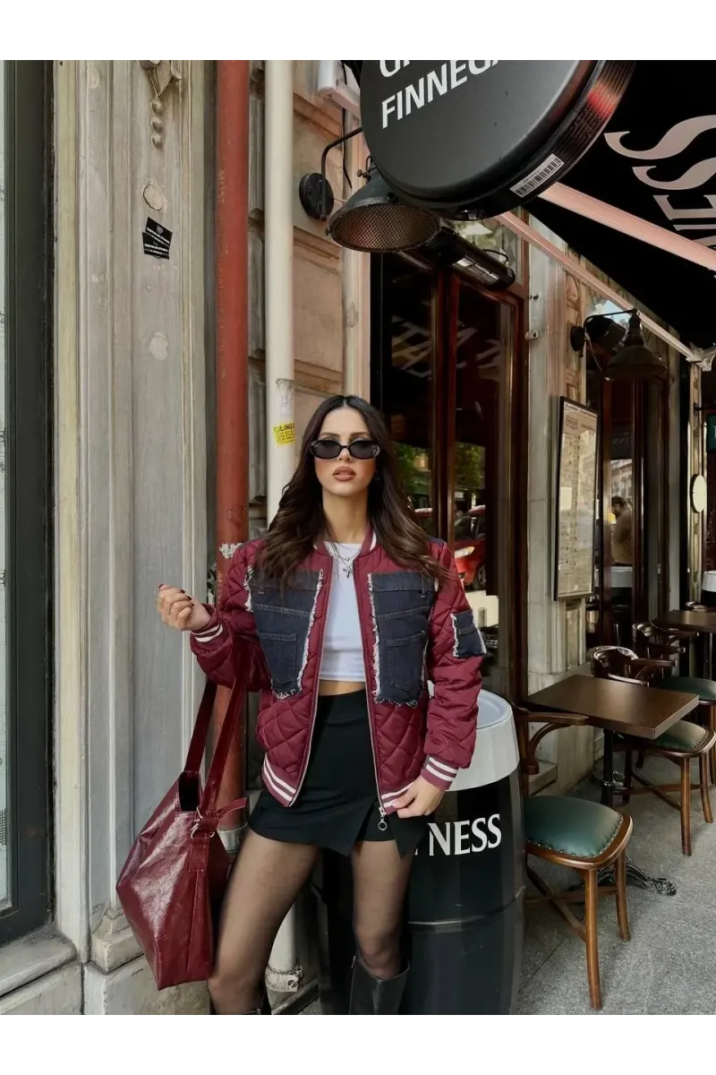 Kapitone Denim Detaylı Bomber Mont