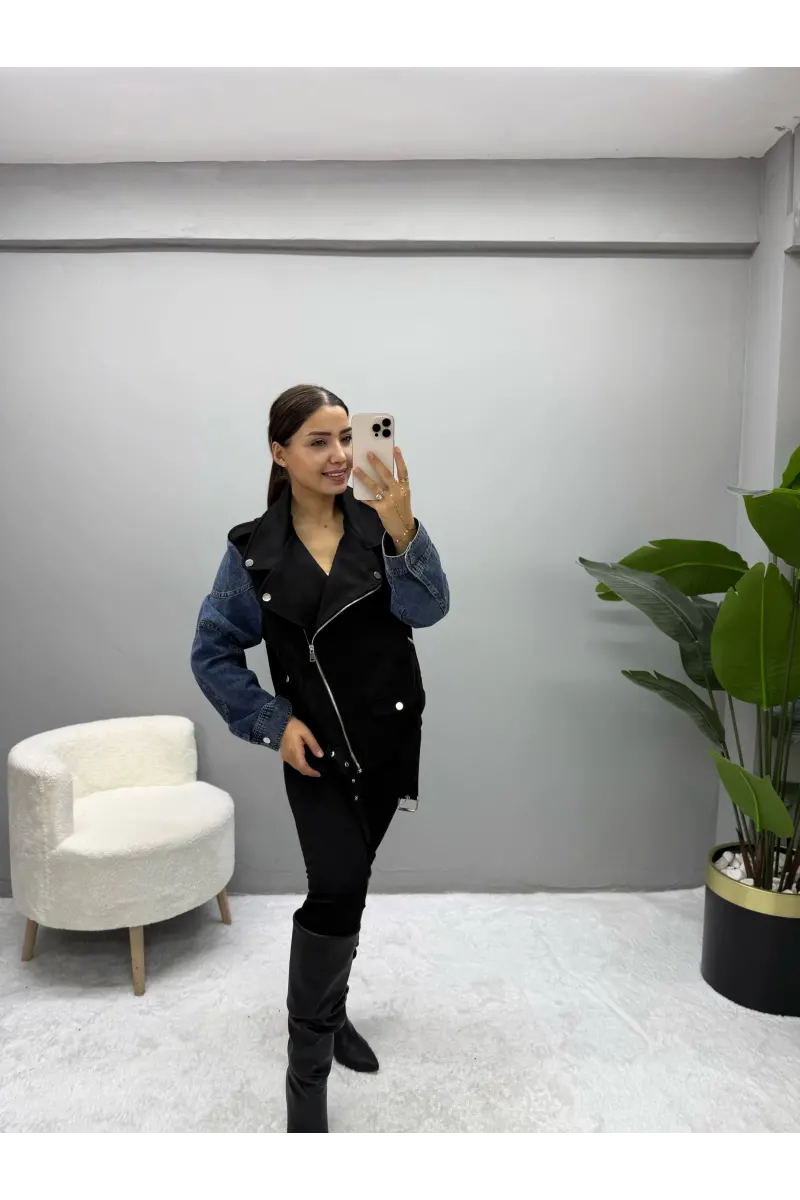 Kol Denim Detaylı Süet Mont